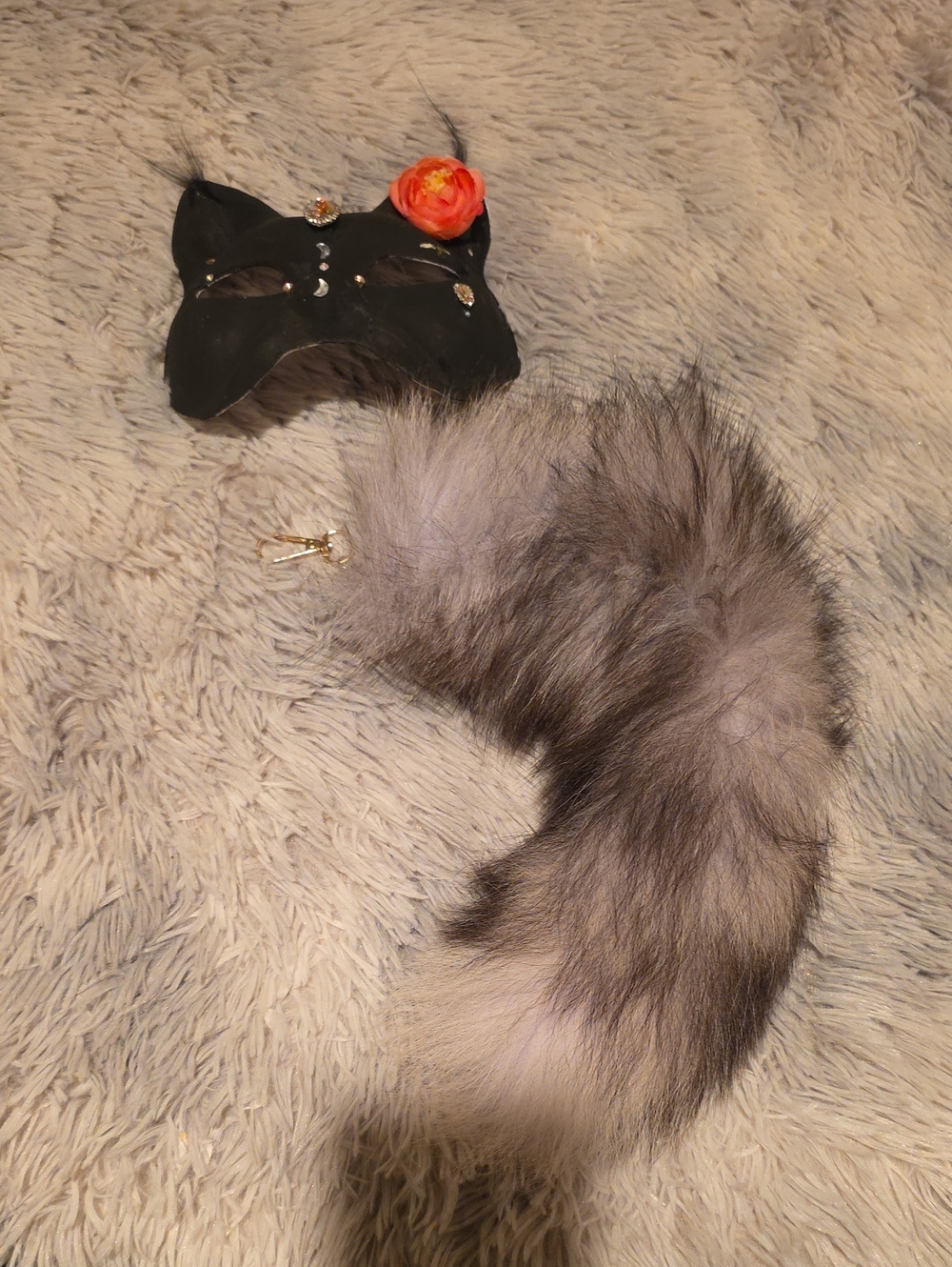 Faux Fur Tail Accessory in Gray and Black And a cat mask.